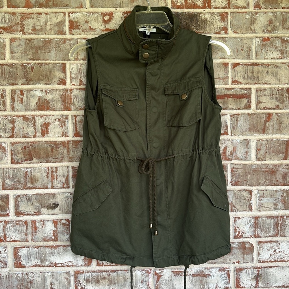 Pleione Olive Green Denim Zip Snap Utility Safari Vest